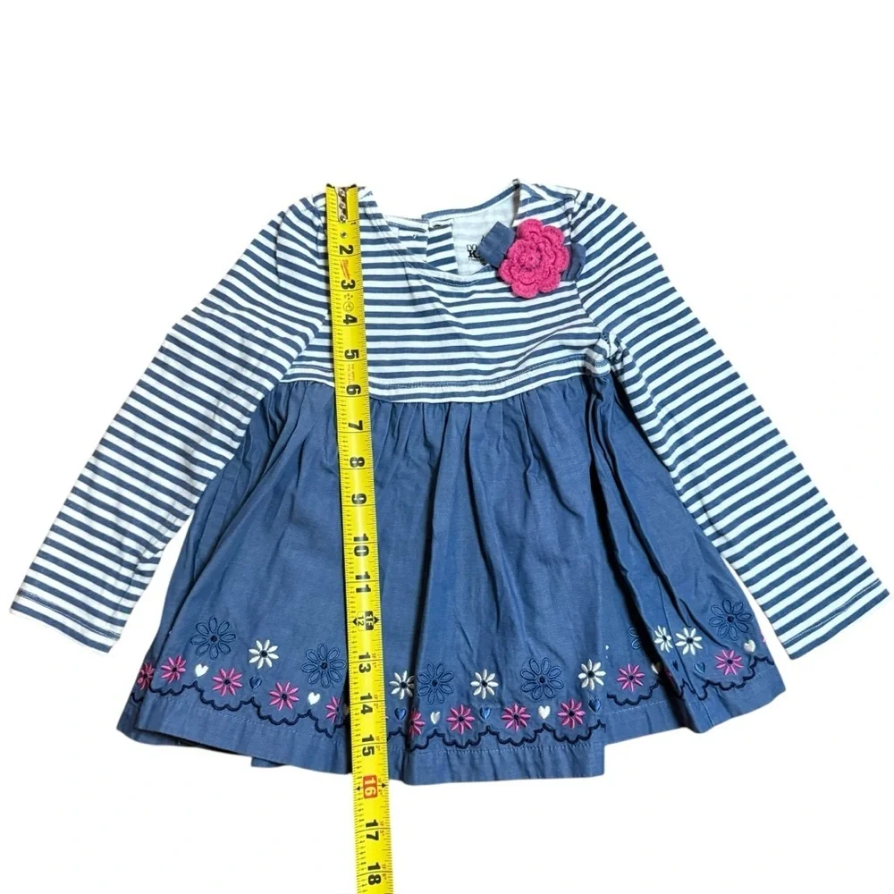 Kids Headquarters Girls Blue StripeLong Sleeve Dress Floral Embroidered Hem 3T